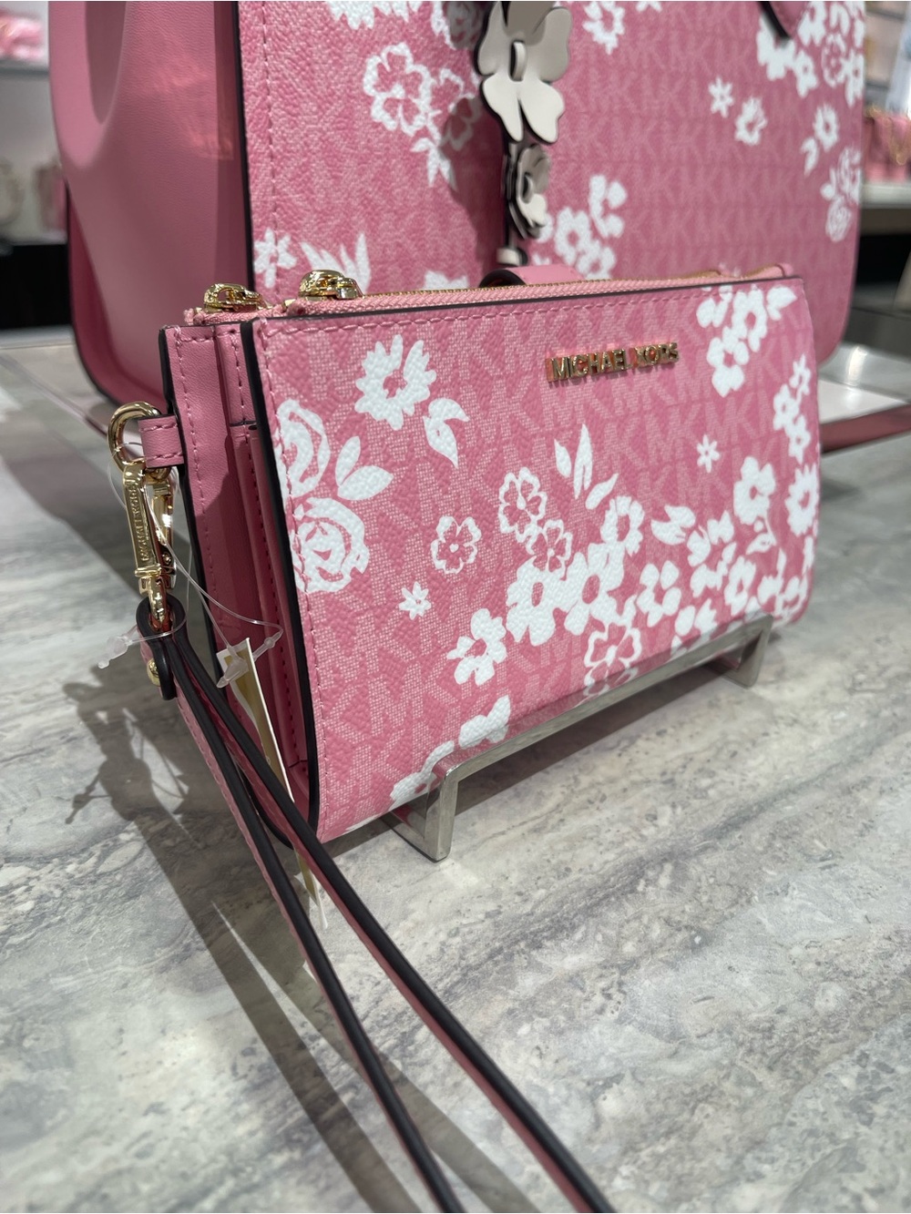 MICHAEL KORS Pink Floral Zip Wallet Wristlet with Gold Hardware - Picture 8 of 16